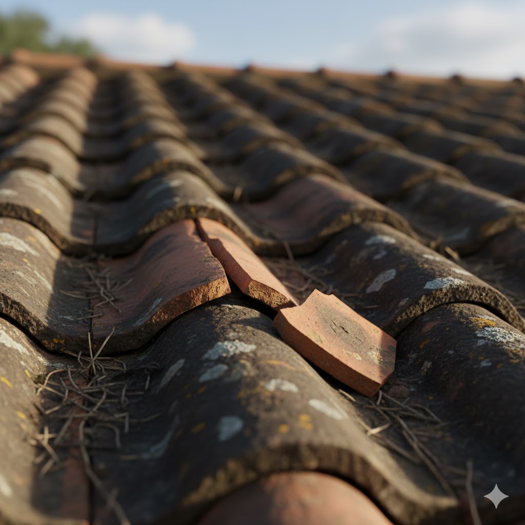 Gros plan sur une tuile cassée sur une toiture