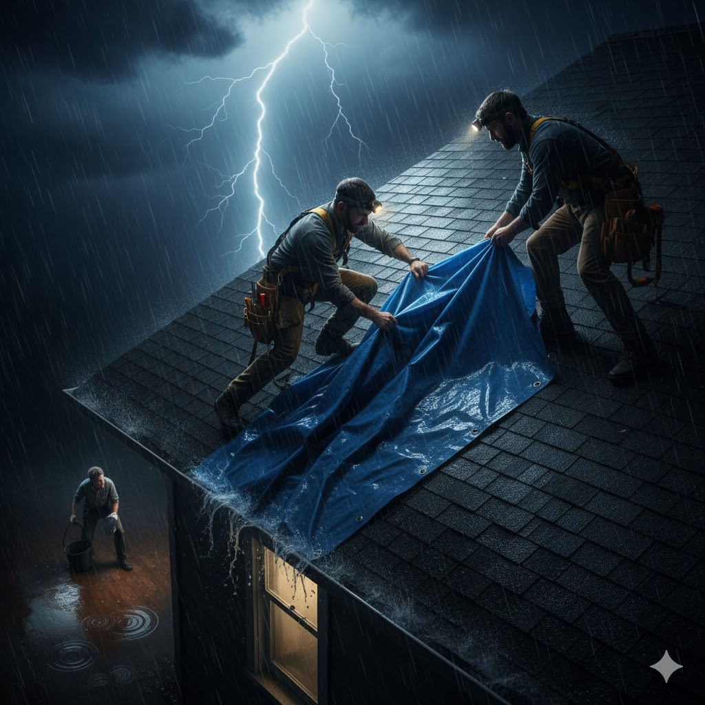 Couvreur intervenant en urgence sur une fuite de toit