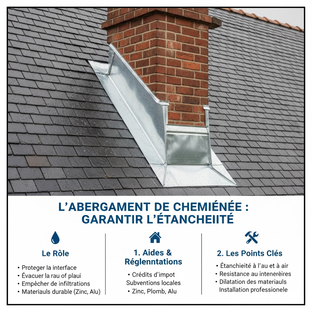 Abergement de cheminée en zinc assurant l'étanchéité avec la toiture